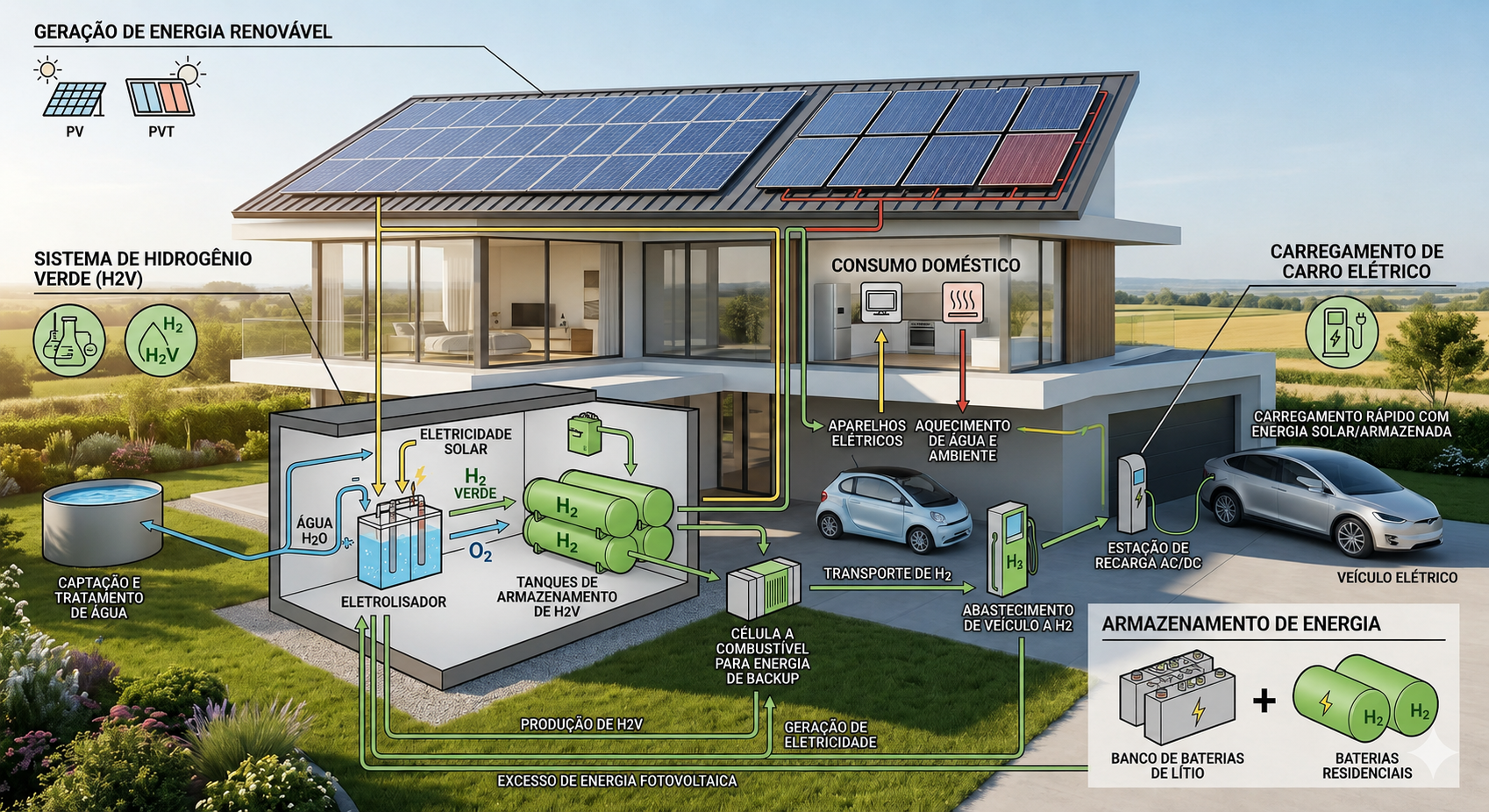 Infográfico do sistema fotovoltaico térmico, hidrogênio verde, armazenamento de energia e carregamento de veículo elétrico
